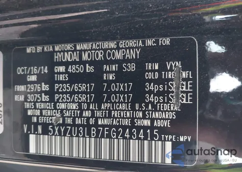 2015 Hyundai Santa Fe Sport 2.4L из США, поврежденный, VIN 5XYZU3LB7FG243415